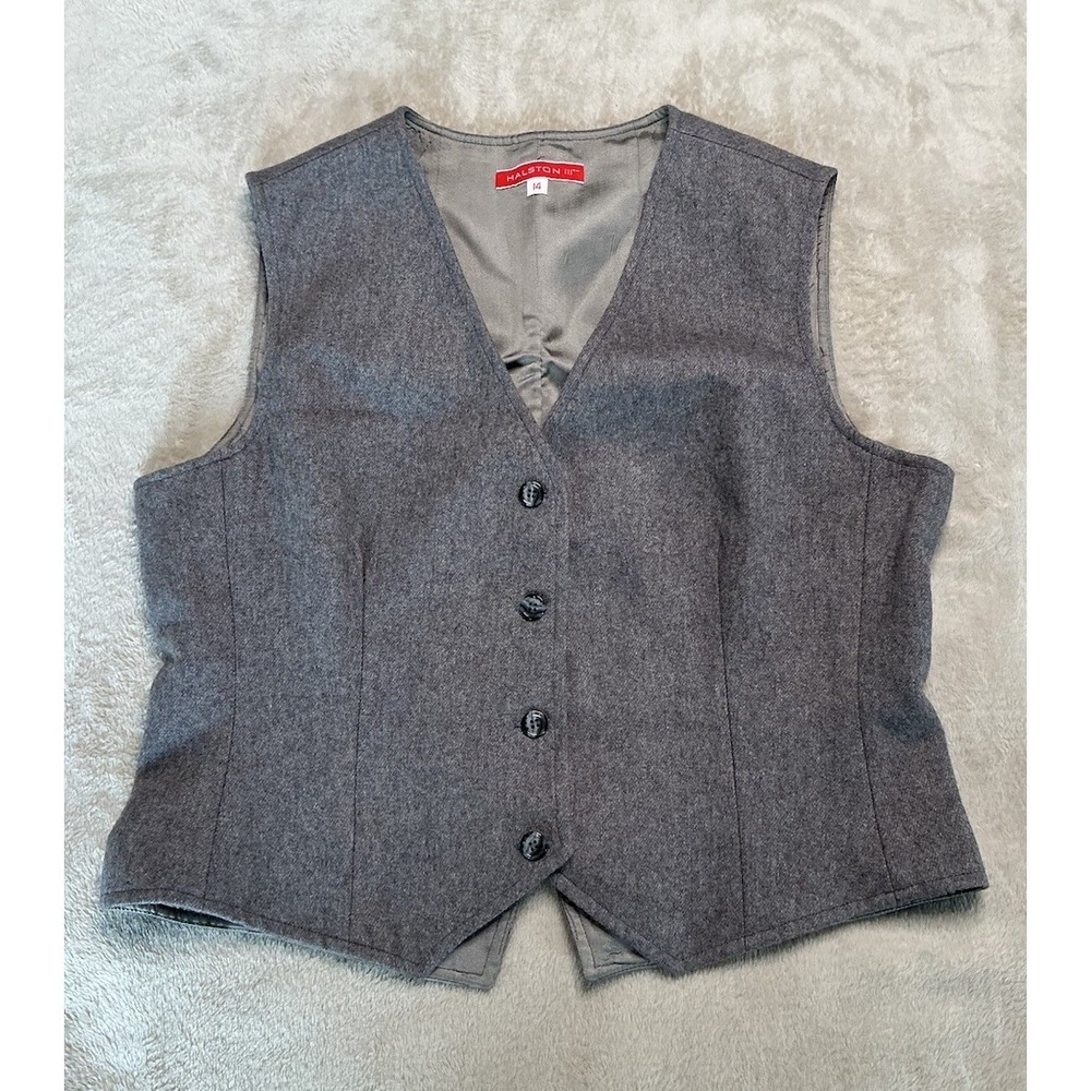 Vintage Halston III Grey Tailored Suit Vest Waistcoat Wool Blend Lined Size 14